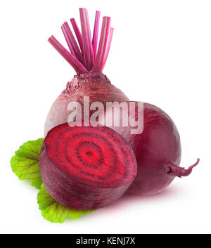 Isolated beetroot. Two raw beetroot vegetables and a half with leaves isolated on white background with clipping path Stock Photo