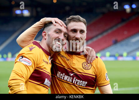 Motherwell's Ryan Bowman (left) and Louis Moult celebrate winning the Betfred Cup, semi-final match at Hampden Park, Glasgow. Stock Photo