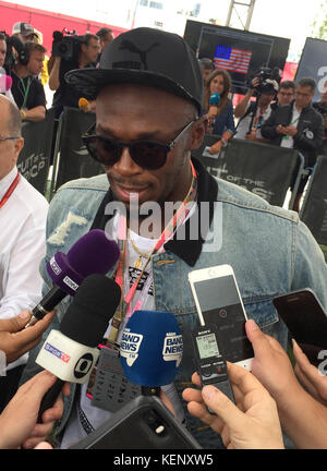 Austin, Texas, USA. 22nd Oct, 2017. Olympic champion Usain Bolt speaking to the press on the sidelines of the Formula 1 Race in Austin, Texas, US, 22 October 2017. Credit: Christian Hollmann/dpa/Alamy Live News Stock Photo