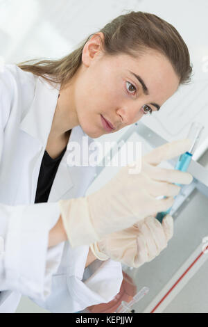 young female researcher loads samples for pcr testing Stock Photo