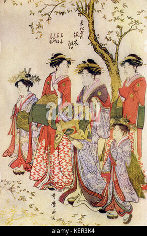 The caption for this illustration reads: Utamaro: Midorigi of Wakamatsu-ya on parade. Kitagawa Utamaro was a Japanese artist. He was considered a master at making ukiyo-e woodblock prints and paintings. He was especially regarded for his depiction of graceful women and also his bijin okubi-e. The latter were pictures of beautiful women that he drew with large heads. He lived 1754-1806. Here the courtesan Midorigi promenades under a flowering sakura (cherry tree) with her two kamuro (young girls who would become courtesans) and two shinzo (girls who had just become courtesans). Four shinzo are  Stock Photo