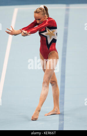 Nastia Liukin (USA) competing on the floor exercise in the Women Qualification at the 2008 Olympic Summer Games, Beijing, China Stock Photo