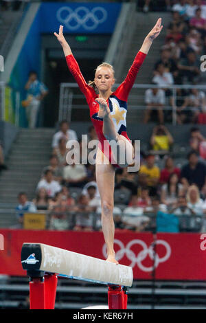 Nastia Liukin (USA) competing on the balance beam in the Women Qualification at the 2008 Olympic Summer Games, Beijing, China Stock Photo