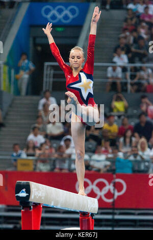 Nastia Liukin (USA) competing on the balance beam in the Women Qualification at the 2008 Olympic Summer Games, Beijing, China Stock Photo