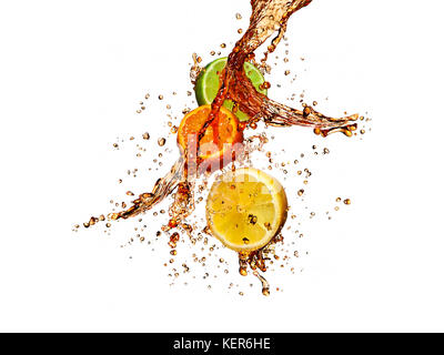 Sangria splash with slices of orange, lemon and lime isolated on white Stock Photo