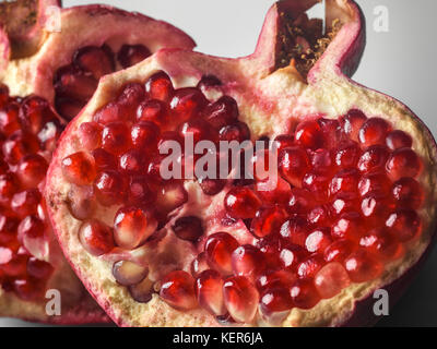 Selective focus close up of inside of pomegranate showing seeds Stock Photo