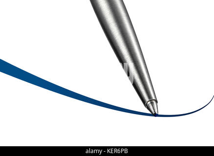 Conceptual photo illustration of ball point pen close up as it traces an ink line Stock Photo