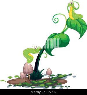 Illustration of a plant with caterpillars on a white background Stock Vector