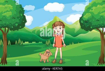 Illustration of a young girl and her puppy at the hill Stock Vector
