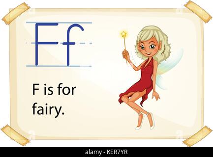 Literacy card showing the letter F with example object and sentence Stock Vector