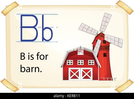 Literacy card showing the letter B with example object and sentence Stock Vector