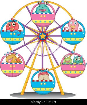 Illustration of a ferris wheel with monsters on a white background Stock Vector