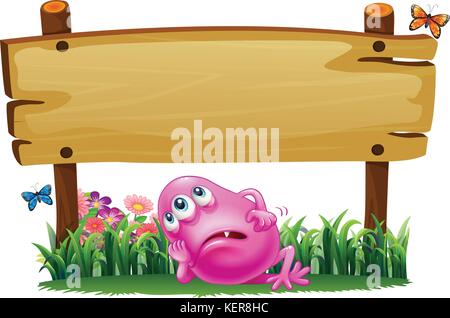 Illustration of a tired monster under the empty signboard on a white background Stock Vector