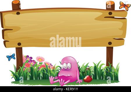 Illustration of a poisoned pink monster under the empty wooden signboard on a white background Stock Vector
