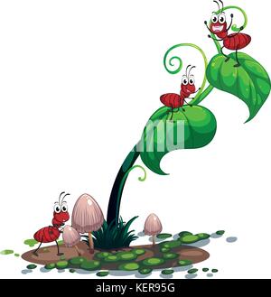 Illustration of a green plant with ants on a white background Stock Vector