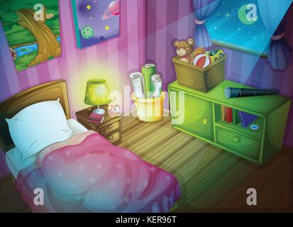 Illustration of a bedroom at night Stock Vector