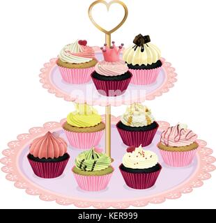 Illustration of the cupcakes at the tray on a white background Stock Vector