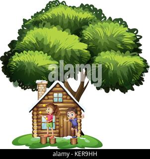 Illustration of the kids playing outside the house under the tree on a white background Stock Vector