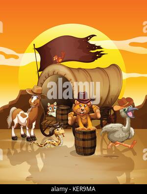 Illustration of many animals at the sunset Stock Vector