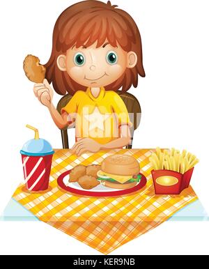 Illustration of a child eating at a fastfood restaurant on a white  background Stock Vector Image & Art - Alamy