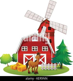 Illustration of a smiling horse outside the red barnhouse with a windmill on a white background Stock Vector
