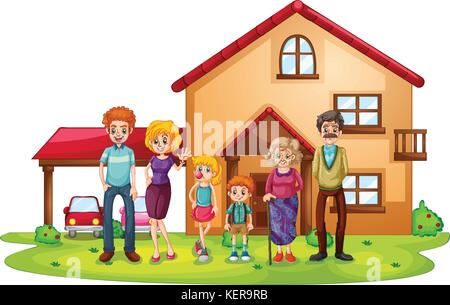 Illustration of a big family in front of a big house on a white background Stock Vector