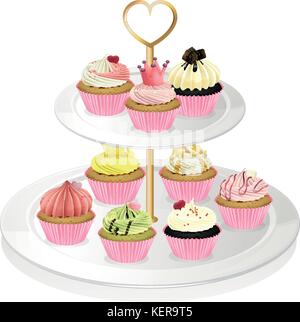 Illustration of a cupcake tray with pink cupcakes on a white background Stock Vector