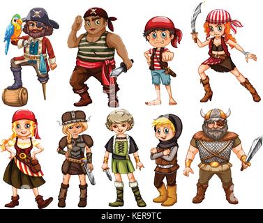 illustration of a set of different warriors Stock Vector