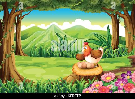 Illustration of a hen hatching eggs above the stump at the forest Stock Vector
