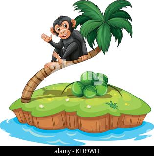 A monkey above the coconut tree in an island on a white background Stock Vector