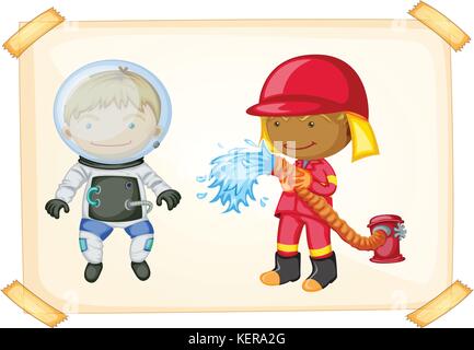 Illustration of an astronaut and a firefighter Stock Vector