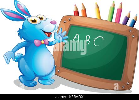 Illustration of a bunny in front of a chalkboard with pencils at the back on a white background Stock Vector