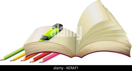Illustration of an empty book with a highlighter and pencils on a white background Stock Vector