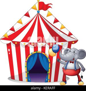 Illustration of an elephant in front of the tent at the carnival on a white background Stock Vector