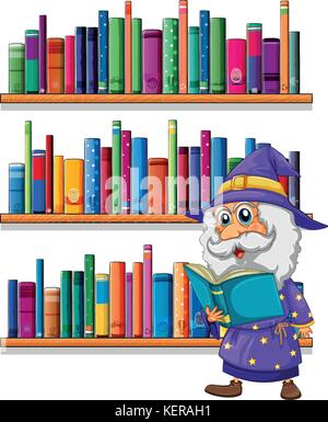 Illustration of a wizard reading a book in front of the bookshelves on a white background Stock Vector