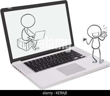 Illustration of a laptop with an image of two boys playing different gadgets on a white backround Stock Vector