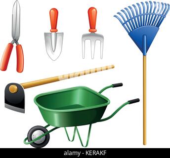 Illustration of the gardening tools on a white background Stock Vector