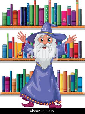 Illustration of a wizard in the library on a white background Stock Vector