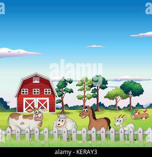 cow and sheep wooden fence trees farm animal cartoon vector ...
