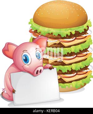 Illustration of a pig holding an empty paper beside a pile of burgers on a white background Stock Vector