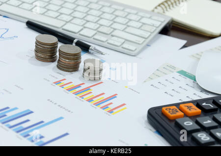 business documents with charts growth, keyboard and pen. business concept Stock Photo