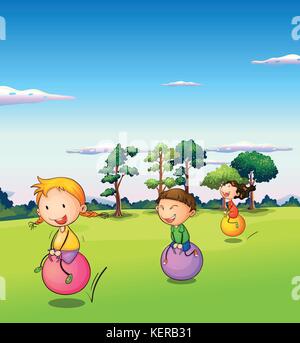 Illustration of the three kids playing with the bouncing balls Stock Vector