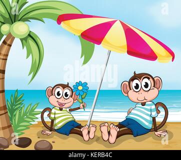 Illustration of a beach with two monkeys Stock Vector