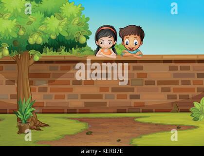 Illustration of a girl and a boy leaning over the concrete fence Stock Vector