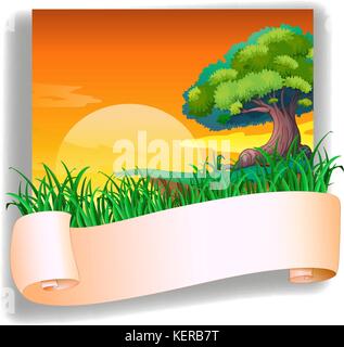 Illustration of a field with a sunset view and an empty template on a white background Stock Vector