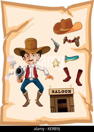 Illustration of a paper with a drawing of a cowboy and a saloon bar on ...