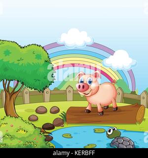 Illustration of a pig standing above the trunk with a turtle at the pond Stock Vector