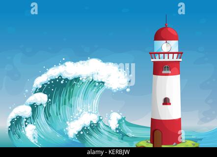 Illustration of a lighthouse in the middle of the sea with high waves Stock Vector