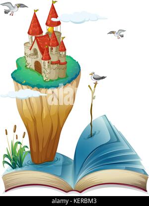 Illustration of a book with an island with a castle on a white background Stock Vector