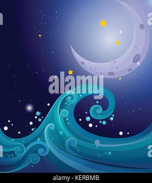 Illustration of an image of the sea waves with a moon Stock Vector